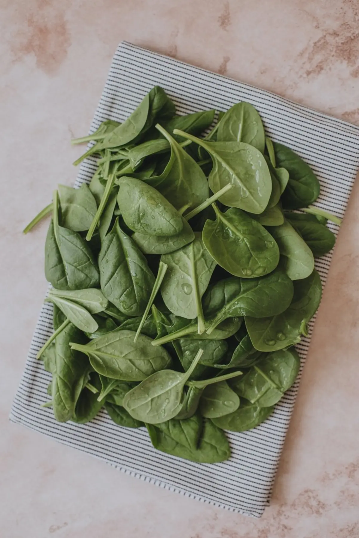 Fresh baby spinach leaves piled on a striped towel, with visible droplets of water on each leaf, laid out on a blush-toned countertop.