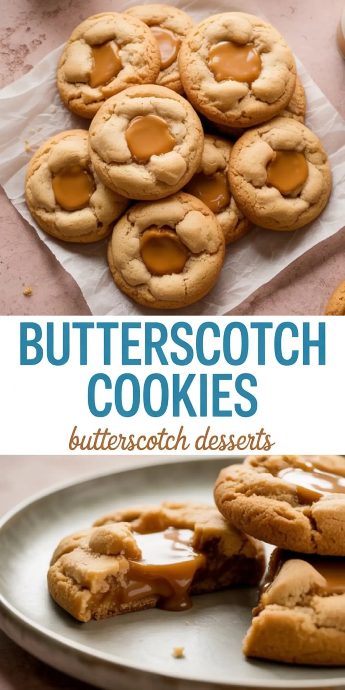 Top and bottom view of homemade butterscotch thumbprint cookies on parchment paper and a plate, with gooey caramel butterscotch centers and golden brown edges, styled on a soft pink background.
