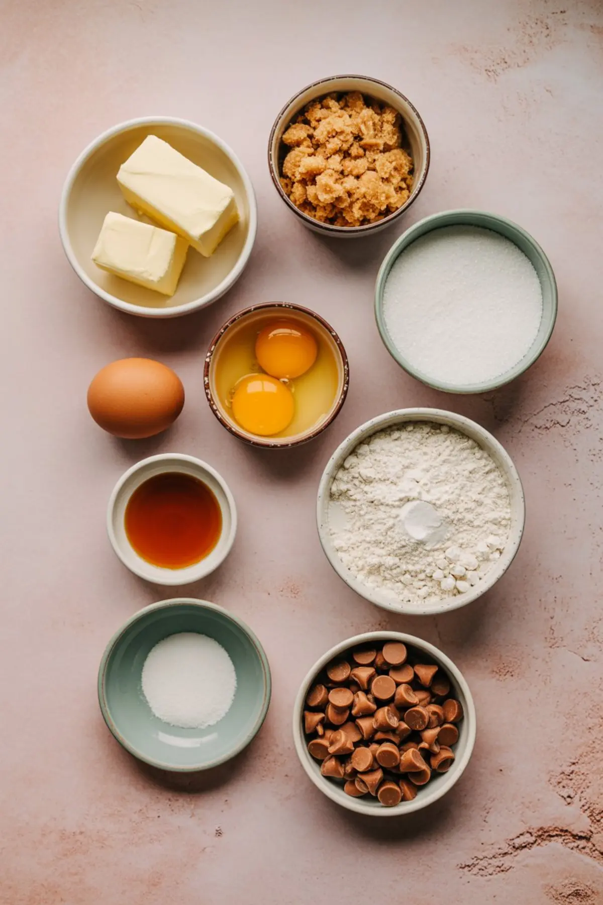 Flat lay of butterscotch cookie ingredients including eggs, butter, brown sugar, granulated sugar, flour, vanilla extract, baking powder, salt, and butterscotch chips arranged in bowls on a light pink background.
