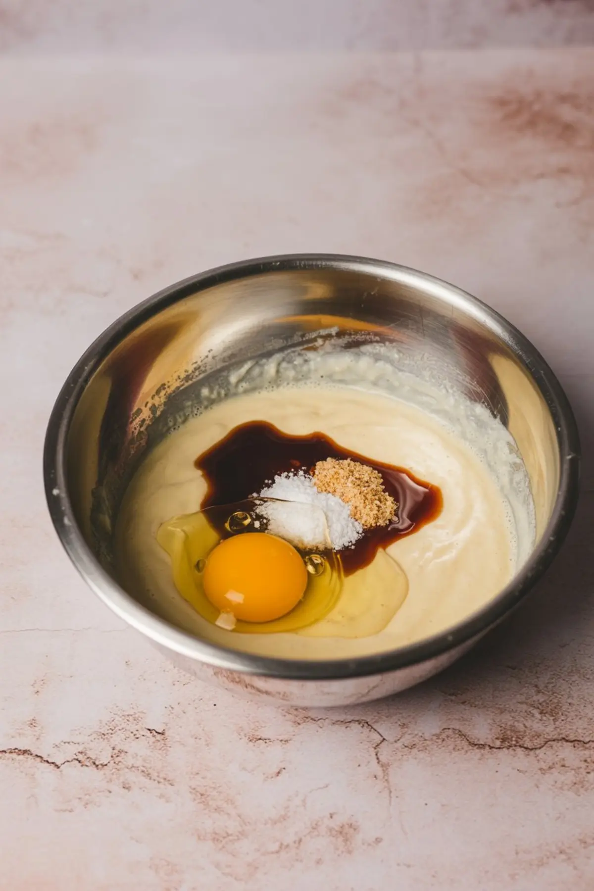 Metal mixing bowl filled with cookie dough topped with a raw egg, vanilla extract, brown sugar, baking powder, and salt, ready to be blended for butterscotch cookie batter.
