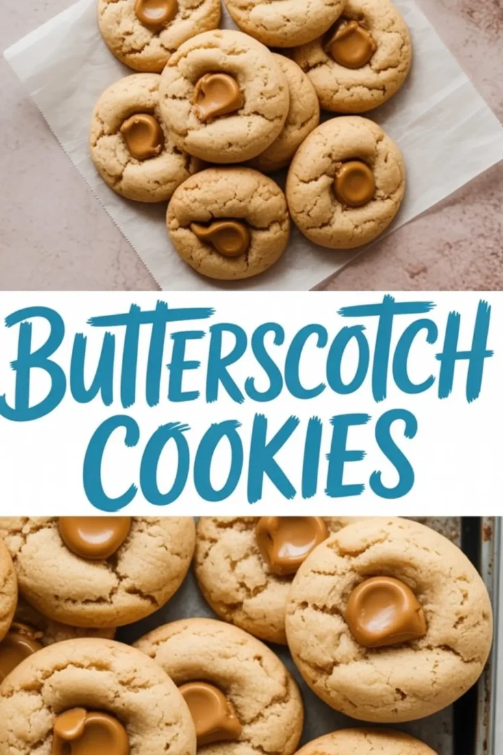 Top-down view of golden butterscotch thumbprint cookies arranged on parchment and a baking tray, with soft, cracked tops and glossy butterscotch centers, paired with bold recipe text overlay.