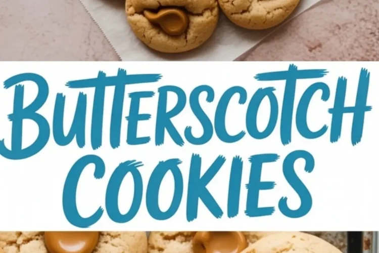 Top-down view of golden butterscotch thumbprint cookies arranged on parchment and a baking tray, with soft, cracked tops and glossy butterscotch centers, paired with bold recipe text overlay.