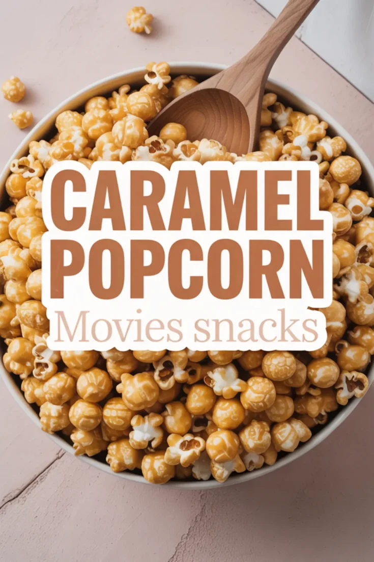 Overhead view of a bowl filled with caramel popcorn topped with a wooden spoon, featuring bold text overlay that says “Caramel Popcorn – Movies snacks.”