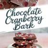 Collage featuring squares of chocolate cranberry bark topped with dried cranberries and coarse sea salt, stacked on a white plate with bold text reading “Chocolate Cranberry Bark.”
