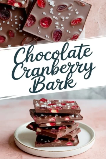 Collage featuring squares of chocolate cranberry bark topped with dried cranberries and coarse sea salt, stacked on a white plate with bold text reading “Chocolate Cranberry Bark.”