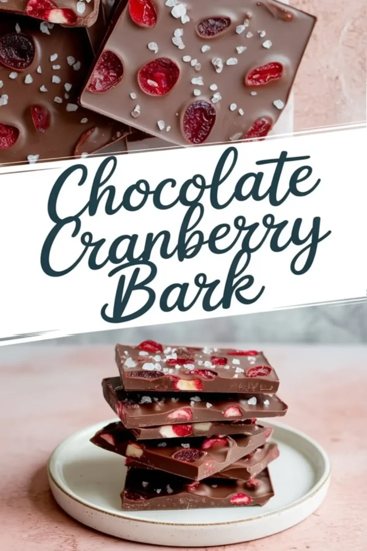 Collage featuring squares of chocolate cranberry bark topped with dried cranberries and coarse sea salt, stacked on a white plate with bold text reading “Chocolate Cranberry Bark.”