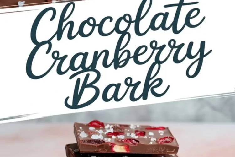 Collage featuring squares of chocolate cranberry bark topped with dried cranberries and coarse sea salt, stacked on a white plate with bold text reading “Chocolate Cranberry Bark.”