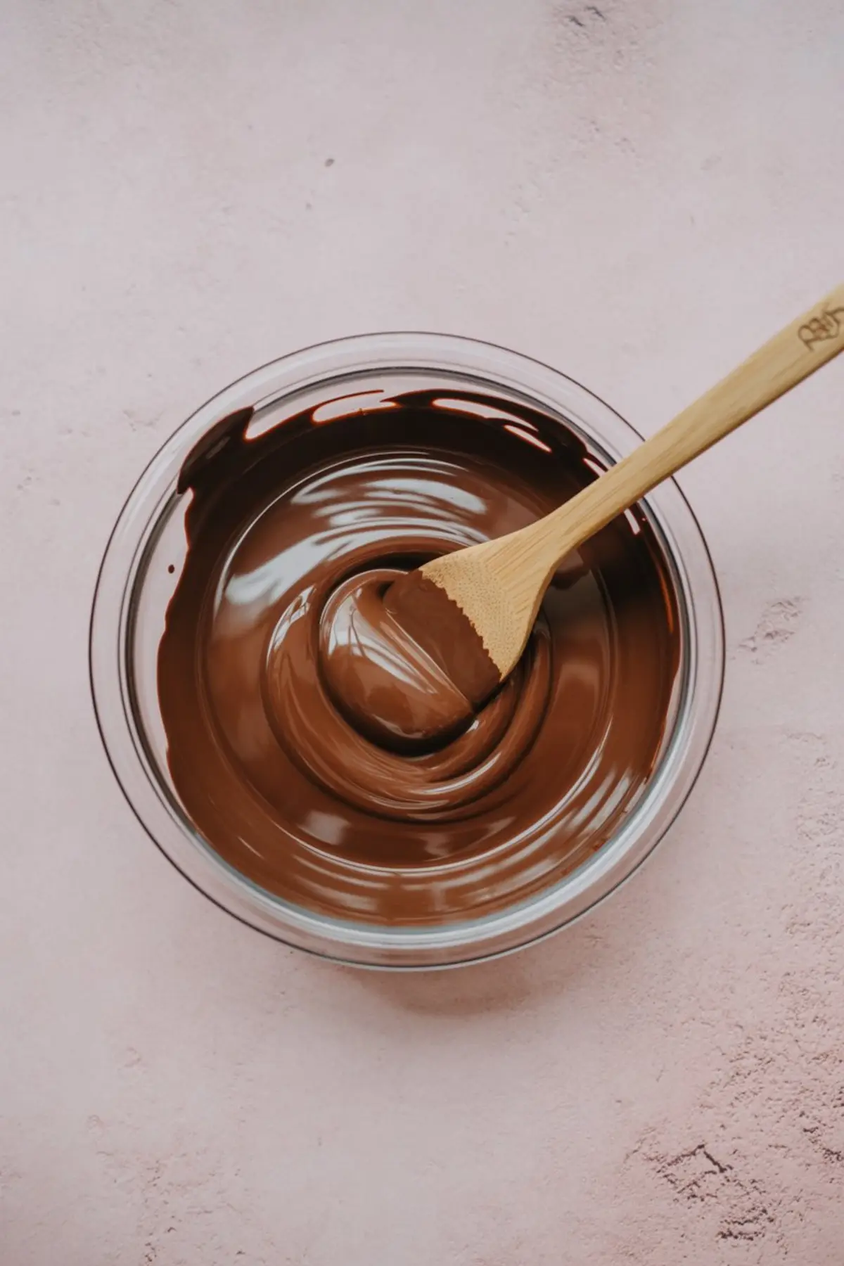 Glass bowl filled with silky melted chocolate, stirred with a wooden spoon, ready for pouring to create homemade chocolate bark.
