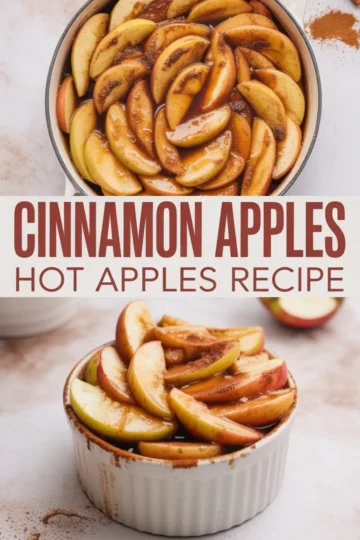 Collage showing a pot of sliced apples coated in cinnamon sugar sauce and a ramekin filled with cooked cinnamon apples, labeled “Cinnamon Apples Hot Apples Recipe” in bold text.