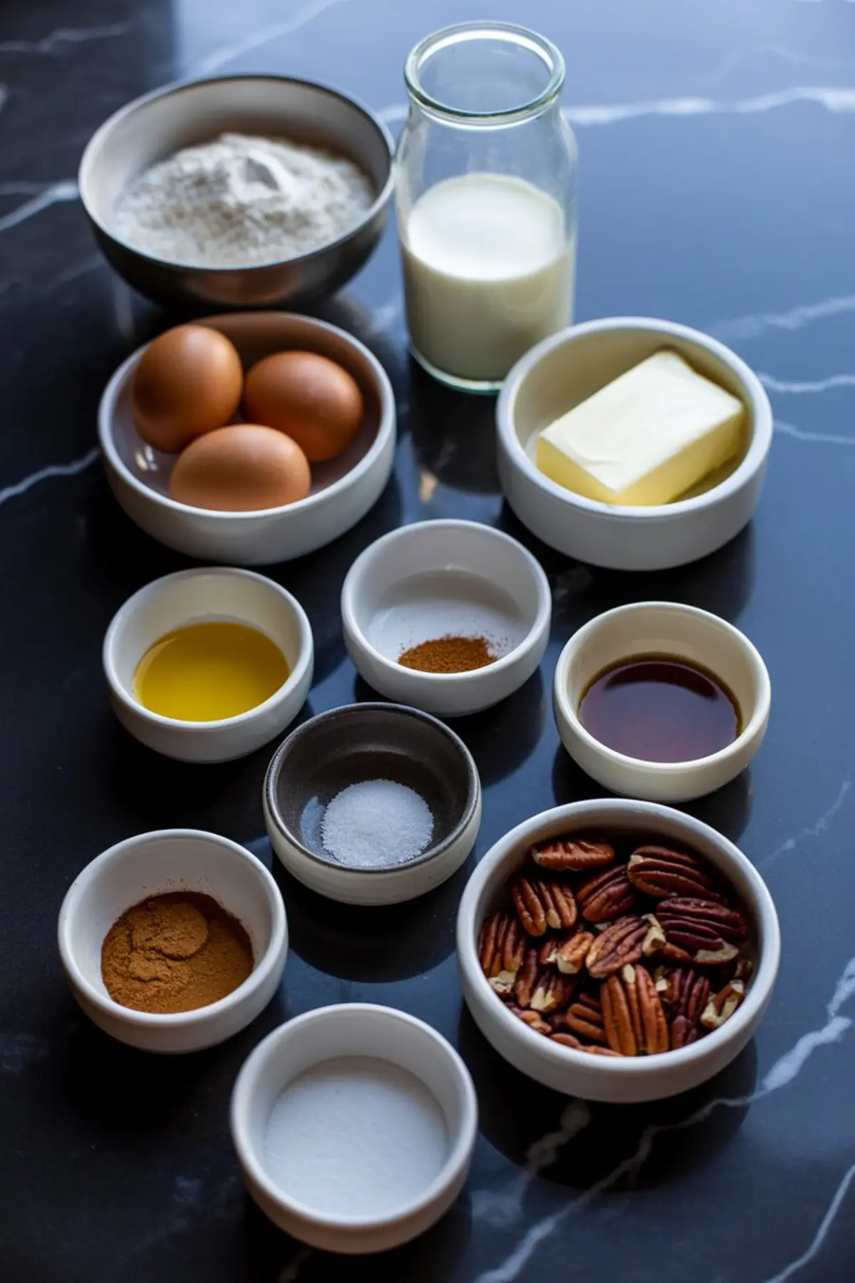 Flat lay of baking ingredients for cinnamon swirl bread including flour, eggs, milk, butter, oil, vanilla, cinnamon, salt, sugar, and pecans, each placed in small ceramic bowls on a dark marble surface.