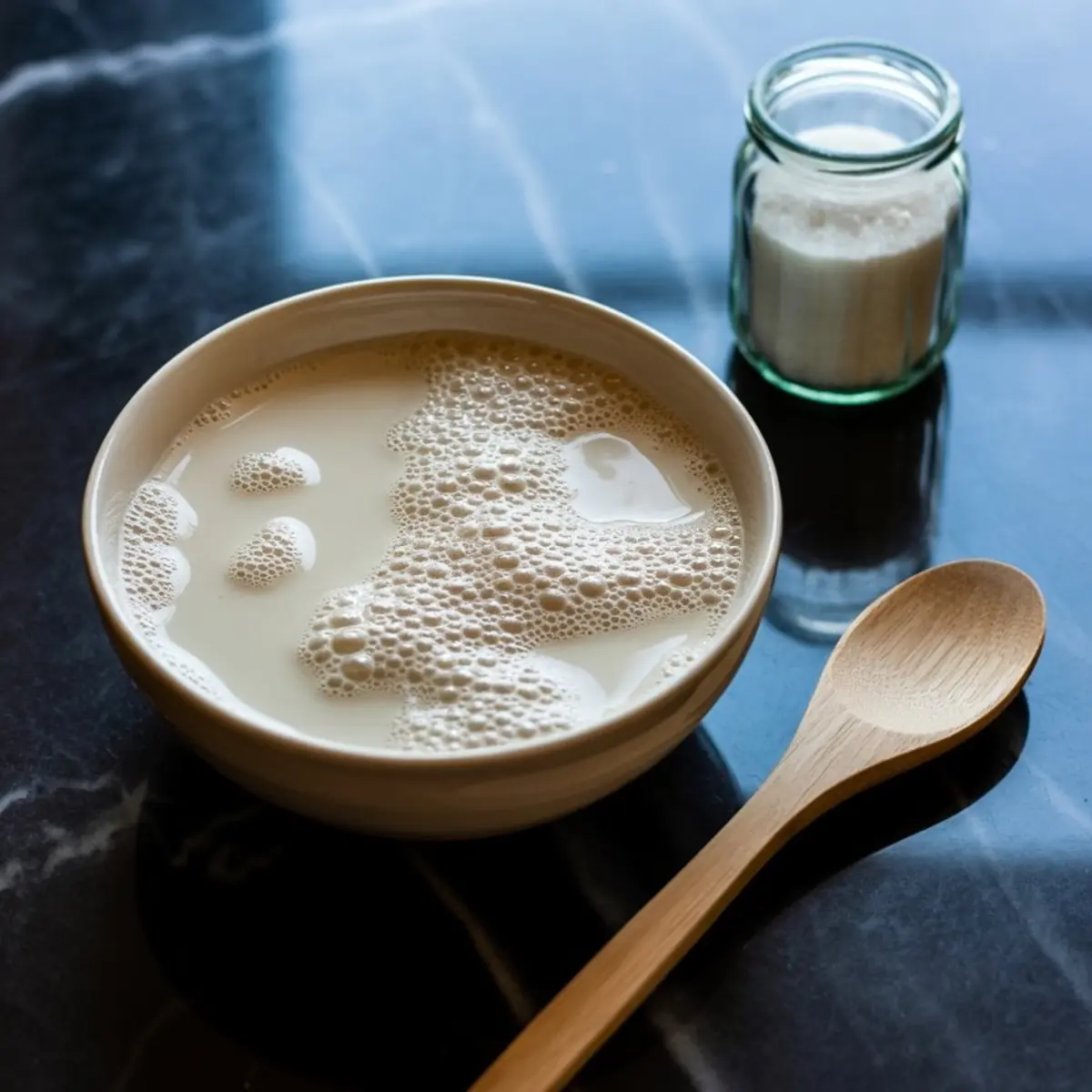 Bowl of activated yeast mixture bubbling on the surface, set on a dark countertop with a wooden spoon and a small jar of sugar beside it.