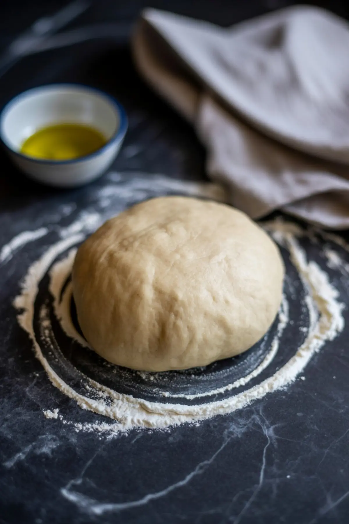Round ball of kneaded cinnamon bread dough resting on a floured marble surface, with a small bowl of oil and a kitchen towel nearby during the proofing stage.