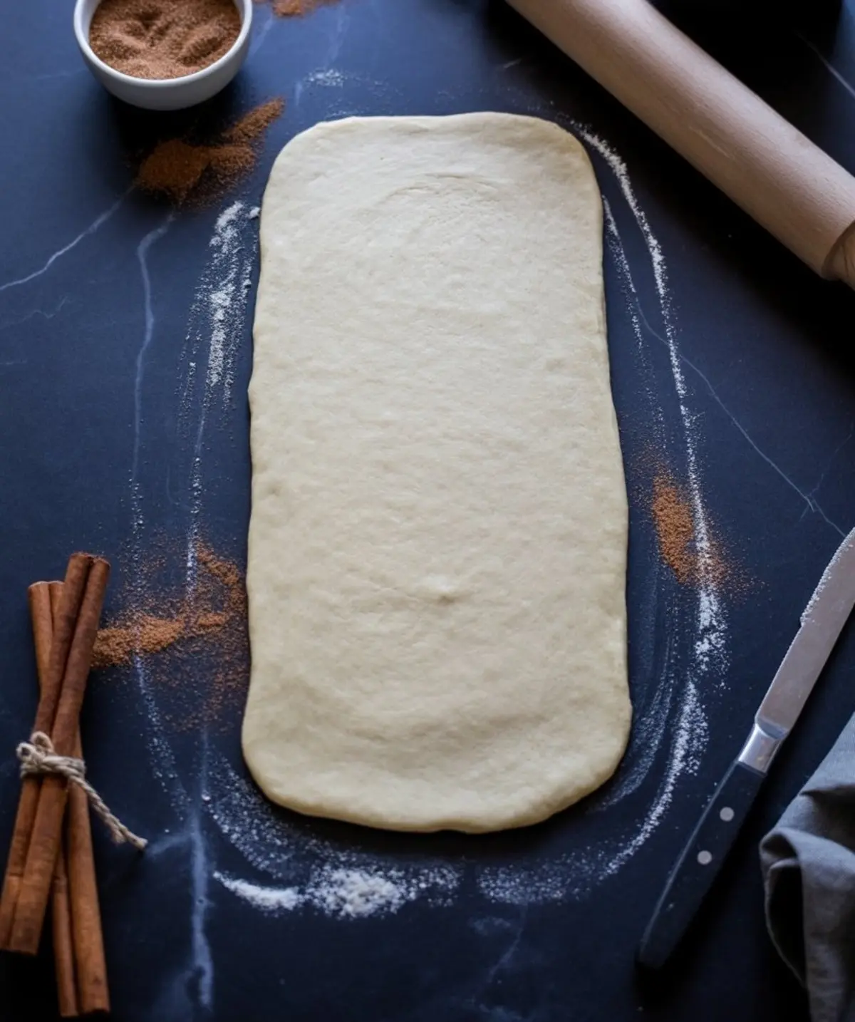 Rolled-out dough rectangle on a dark countertop, surrounded by cinnamon powder, cinnamon sticks, a rolling pin, and a butter knife, ready for cinnamon filling.