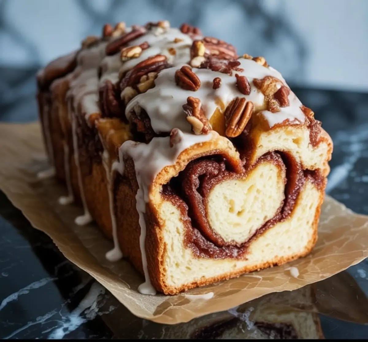 Freshly baked cinnamon swirl bread loaf with visible heart-shaped swirl inside, topped with vanilla icing and chopped pecans, placed on parchment paper.