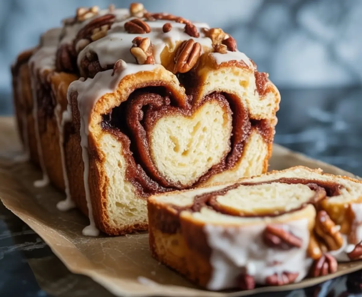 Sliced cinnamon swirl bread showing a heart-shaped pattern in the center of the loaf, with white icing and pecans on top, served on a brown parchment paper over a dark surface.