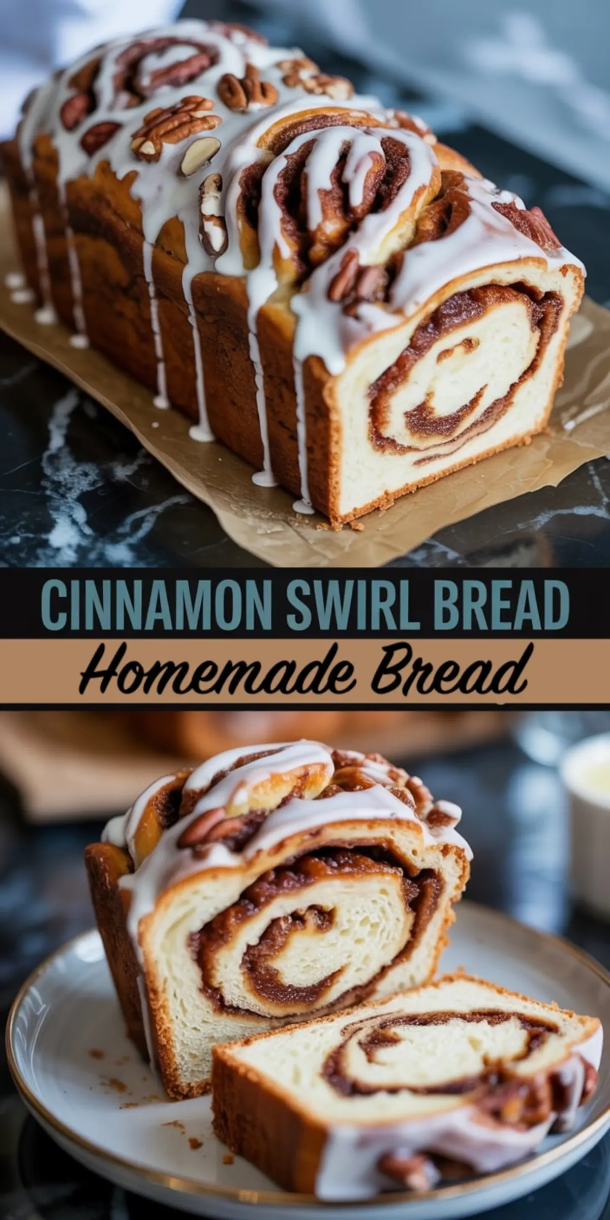 Close-up collage of a homemade cinnamon swirl bread loaf with white icing drizzle and chopped pecans on top, showing both the whole loaf and a sliced view revealing the cinnamon sugar swirl pattern inside.