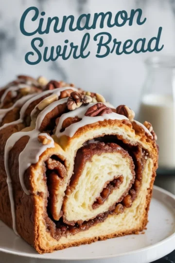Front-facing slice of cinnamon swirl bread topped with vanilla glaze and pecans, placed on a white plate with milk in the background, highlighting the soft texture and caramelized cinnamon filling.