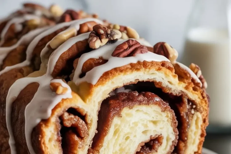 Front-facing slice of cinnamon swirl bread topped with vanilla glaze and pecans, placed on a white plate with milk in the background, highlighting the soft texture and caramelized cinnamon filling.