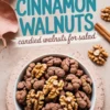 A white bowl filled with cocoa cinnamon candied walnuts, placed on a pink speckled plate with whole walnuts and cinnamon sticks scattered on a neutral background.