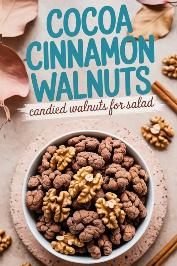 A white bowl filled with cocoa cinnamon candied walnuts, placed on a pink speckled plate with whole walnuts and cinnamon sticks scattered on a neutral background.