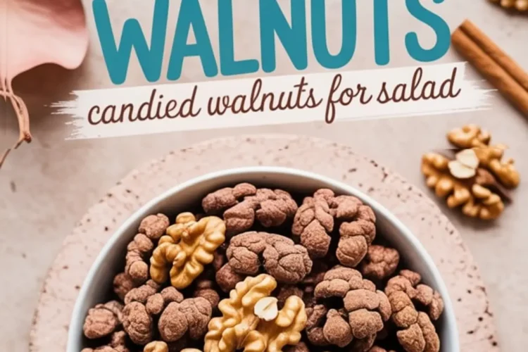 A white bowl filled with cocoa cinnamon candied walnuts, placed on a pink speckled plate with whole walnuts and cinnamon sticks scattered on a neutral background.