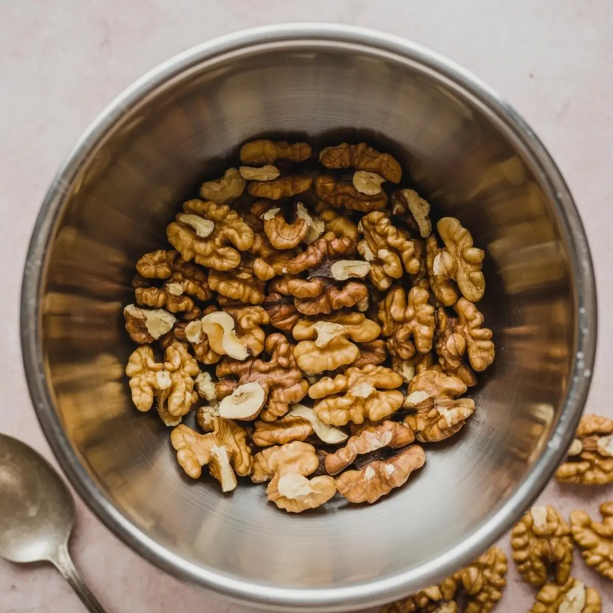 Raw walnut halves in a metal mixing bowl with a silver spoon on a light pink countertop, some walnuts spilling out of the bowl.