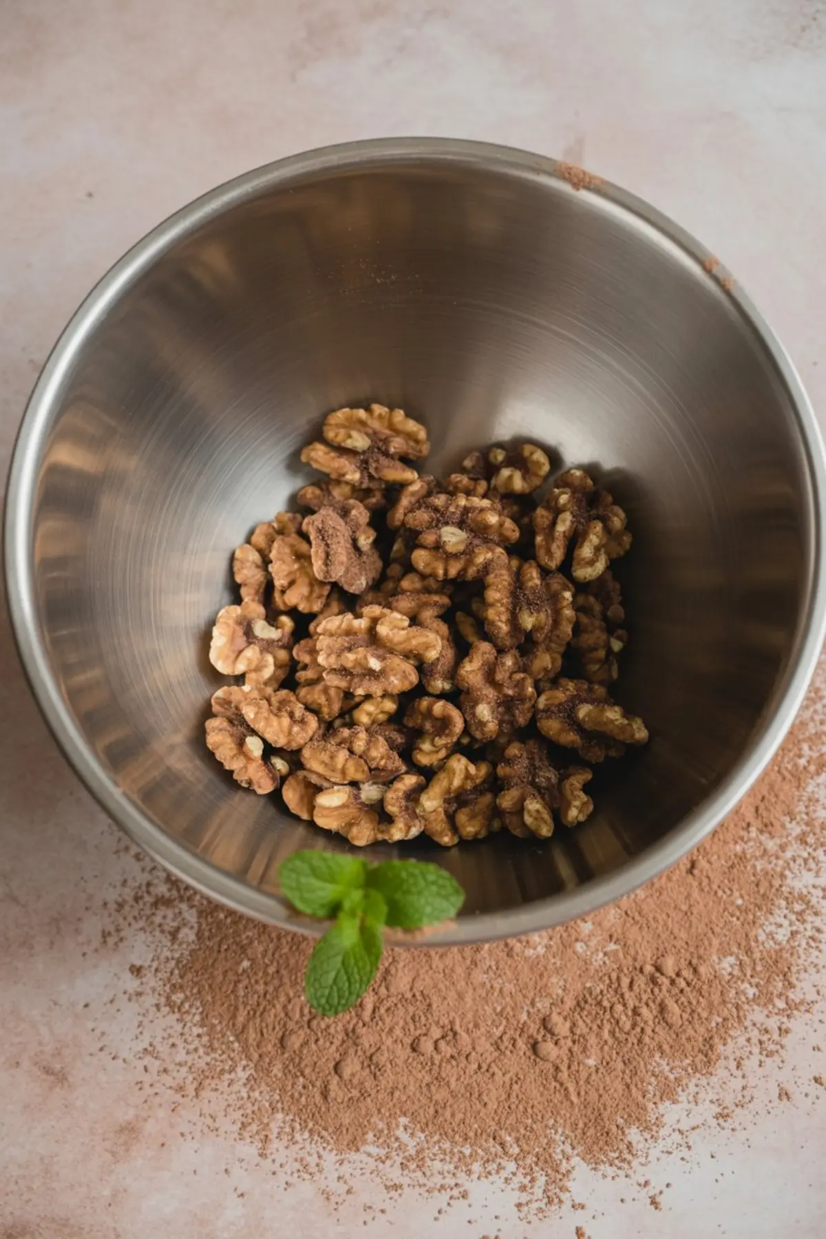 Cocoa-coated walnuts in a large stainless steel mixing bowl, set over a dusting of cocoa powder with a mint leaf garnish on a pale pink surface.