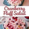Collage of cranberry fluff salad in a gray bowl shown from top and side angles, with mini marshmallows and cranberries visible on a soft pink background.