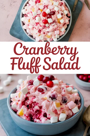 Collage of cranberry fluff salad in a gray bowl shown from top and side angles, with mini marshmallows and cranberries visible on a soft pink background.