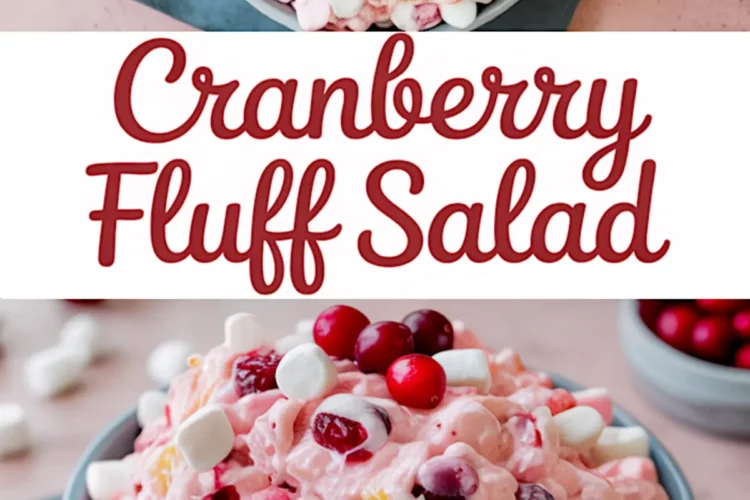 Collage of cranberry fluff salad in a gray bowl shown from top and side angles, with mini marshmallows and cranberries visible on a soft pink background.
