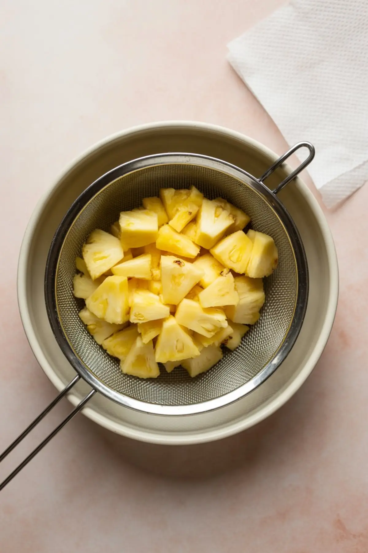 Top view of pineapple pieces resting in a stainless steel sieve placed over a large mixing bowl, ready for juice separation on a light pink surface.
