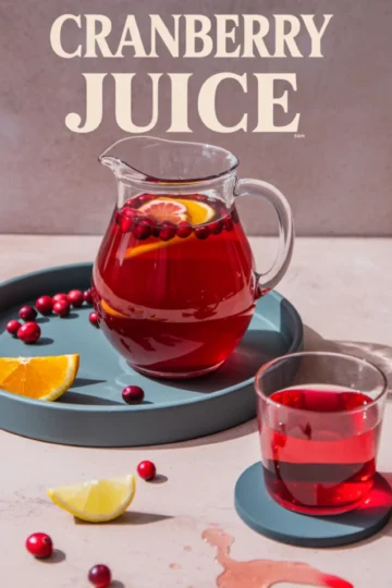 Glass pitcher and drinking glass filled with cranberry juice, garnished with fresh cranberries and orange slices, styled on a blue tray with scattered cranberries and citrus wedges, with the text “Cranberry Juice.”