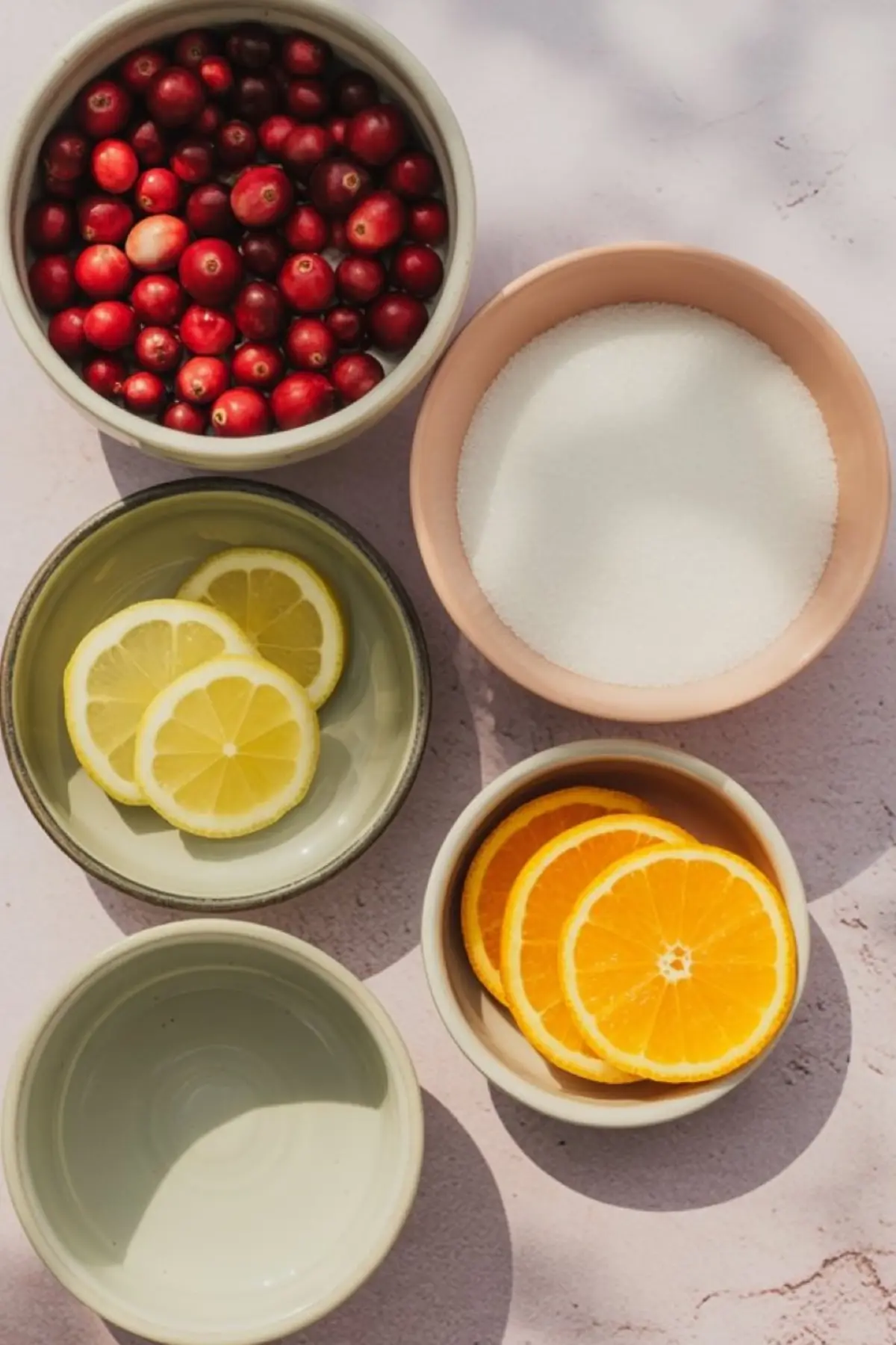 Top view of ceramic bowls holding fresh cranberries, granulated sugar, lemon slices, orange slices, and an empty bowl on a light surface.
