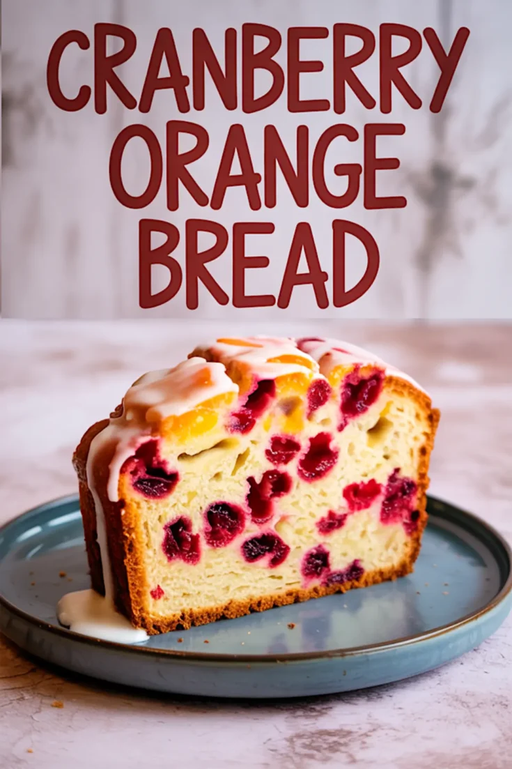 Moist cranberry orange bread slice on a blue plate, showing vibrant red cranberries and orange zest inside a soft, golden loaf, topped with citrus glaze and text above reading “Cranberry Orange Bread.”