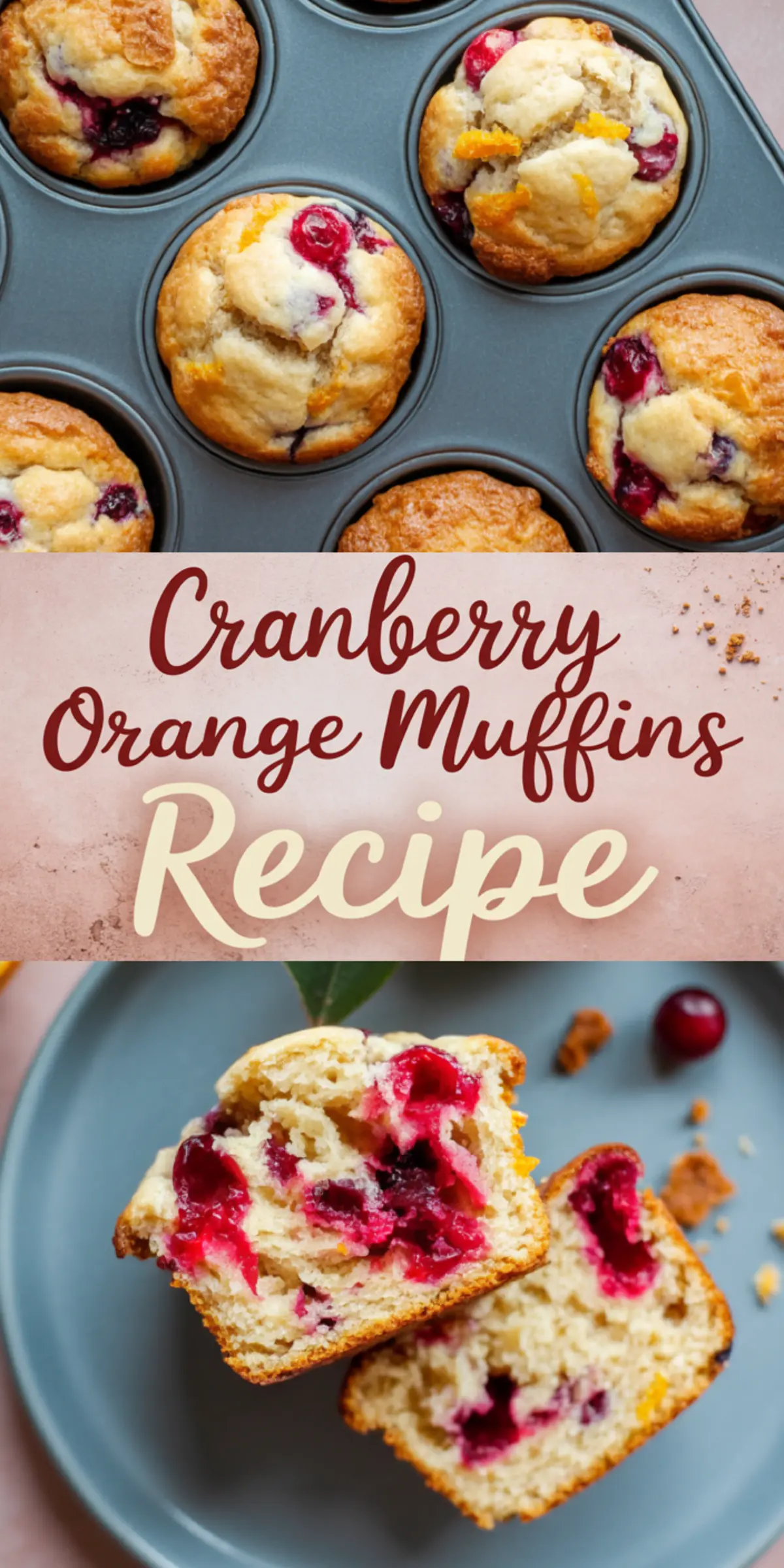 Collage image of a muffin tin with baked cranberry orange muffins on top and a sliced muffin on a plate below, with text overlay that reads “Cranberry Orange Muffins Recipe.”