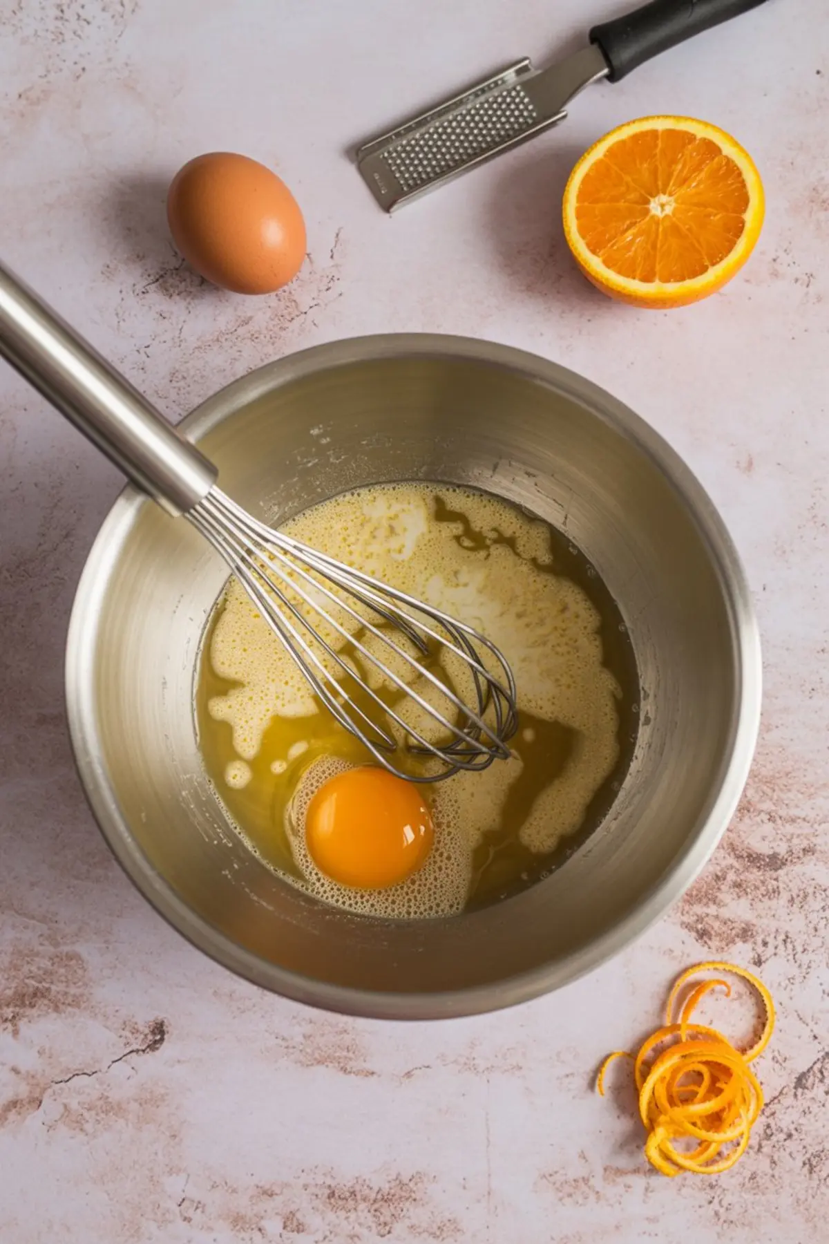 Mixing bowl with egg and orange juice being whisked, with a zester, half an orange, and an egg placed nearby on a light background.