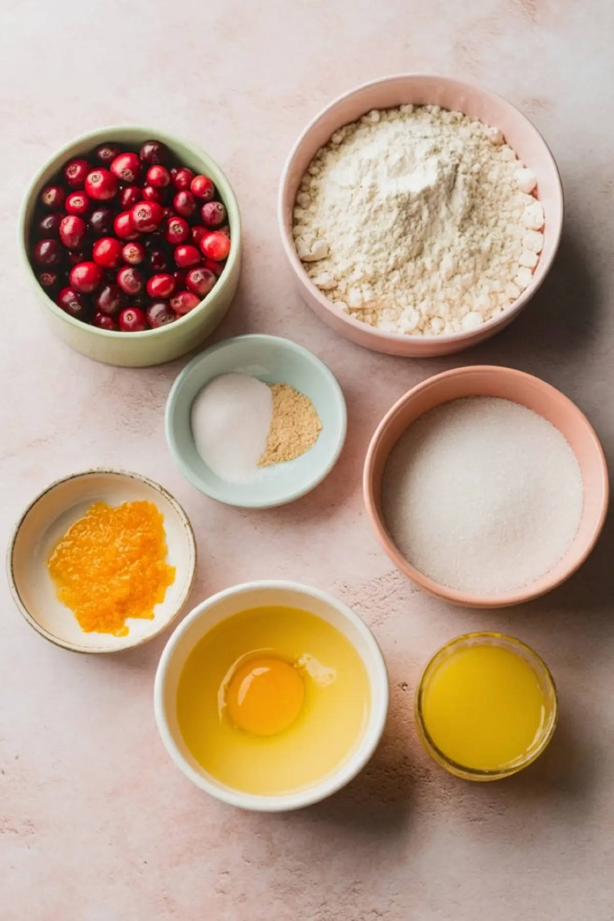 Overhead view of baking ingredients for cranberry orange muffins, including fresh cranberries, flour, sugar, egg, orange zest, orange juice, baking powder, and salt arranged in small bowls on a light surface.