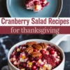 White serving bowl filled with cranberry salad topped with pecans, with a smaller spoonful on a blue plate, labeled “Cranberry Salad Recipes for Thanksgiving.”