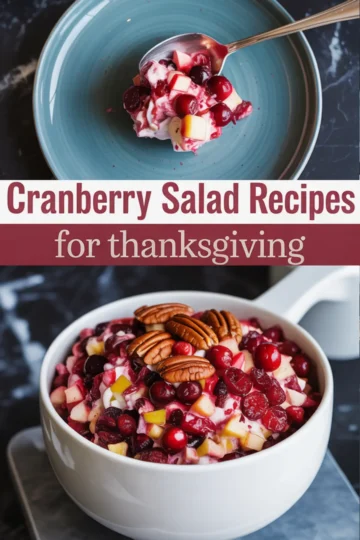 White serving bowl filled with cranberry salad topped with pecans, with a smaller spoonful on a blue plate, labeled “Cranberry Salad Recipes for Thanksgiving.”