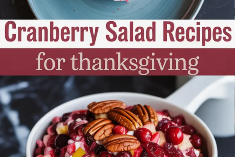 White serving bowl filled with cranberry salad topped with pecans, with a smaller spoonful on a blue plate, labeled “Cranberry Salad Recipes for Thanksgiving.”
