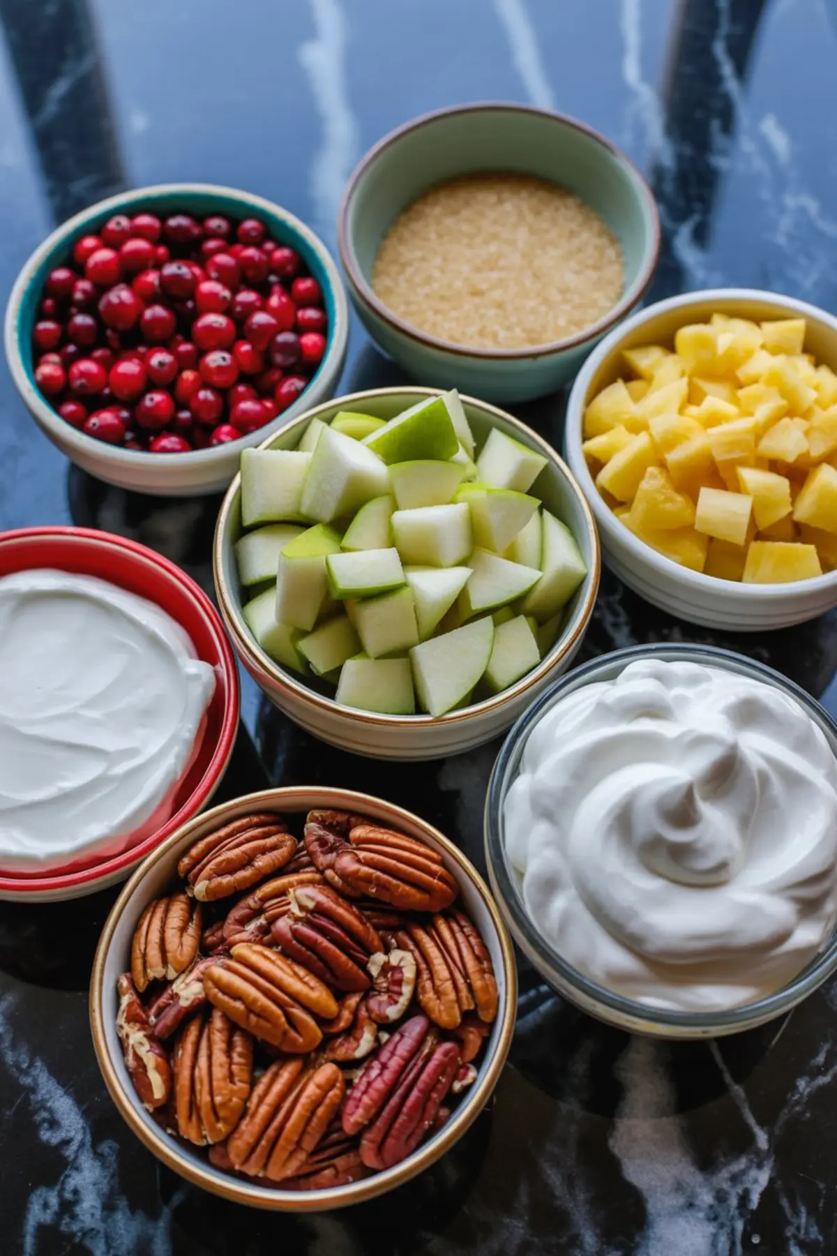 Assorted cranberry salad ingredients in small bowls, including cranberries, chopped green apples, pineapple chunks, pecans, whipped cream, and brown sugar.