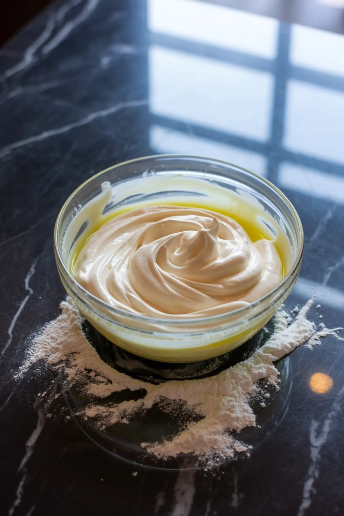 Glass bowl filled with creamy whipped mixture placed on a black marble countertop with a dusting of flour around the base.
