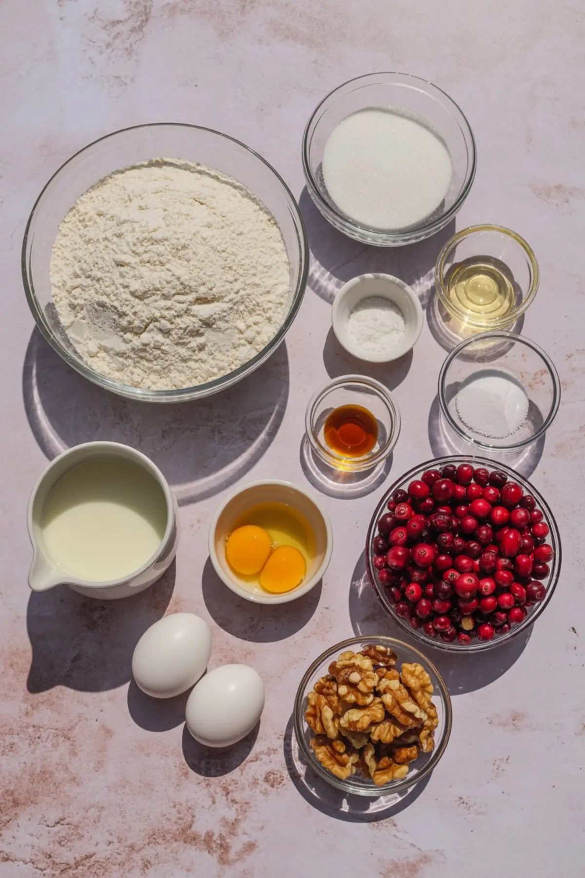 Flat lay of cranberry walnut bread ingredients on a light surface, including flour, sugar, oil, milk, cranberries, walnuts, eggs, vanilla, and baking powder in glass bowls and cups.