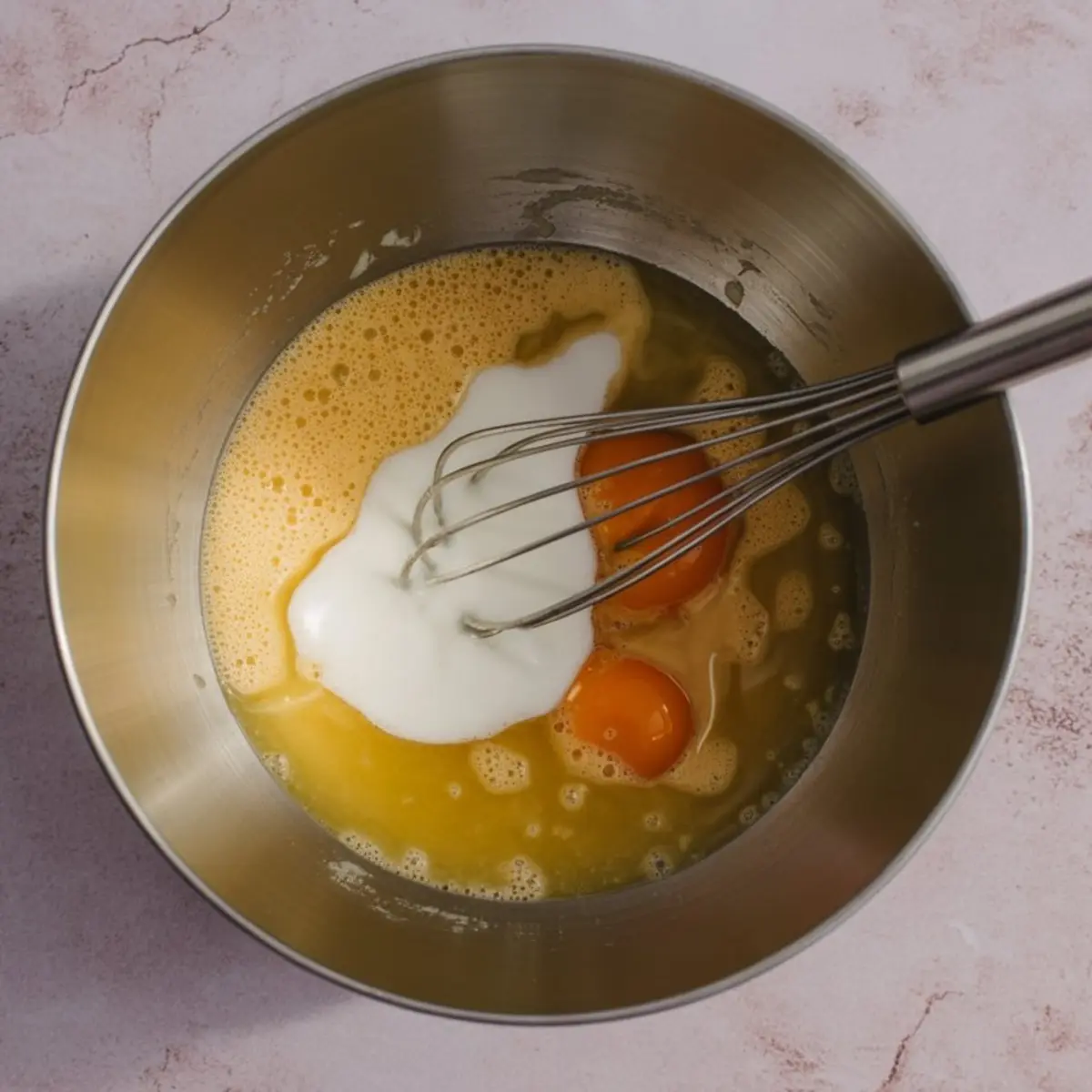 Batter mixture with eggs and yogurt in a stainless steel mixing bowl, partially whisked with a metal balloon whisk, ready for cranberry walnut bread preparation.