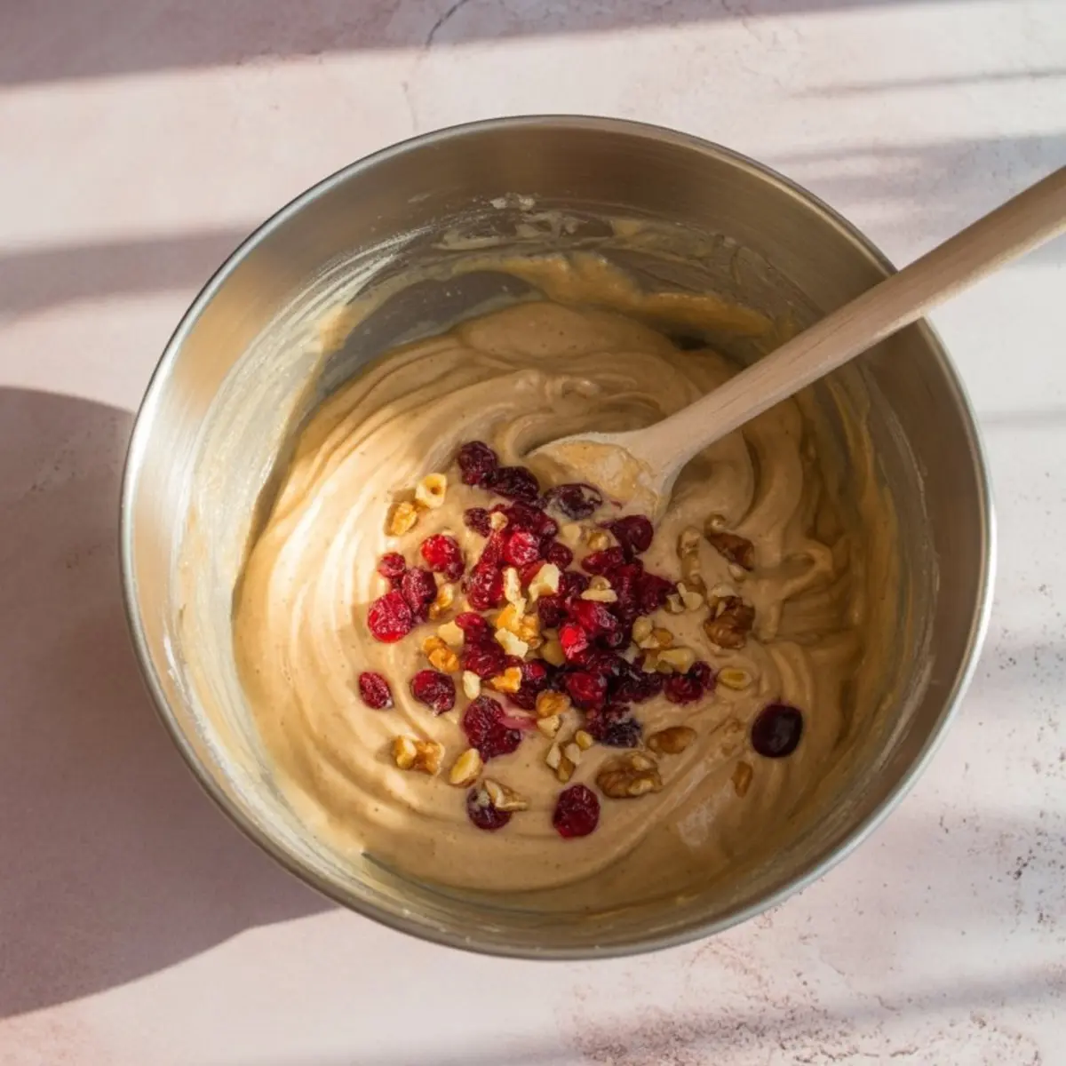 Cranberry walnut bread batter in a metal mixing bowl with chopped walnuts and dried cranberries added on top, ready to be folded into the thick dough.