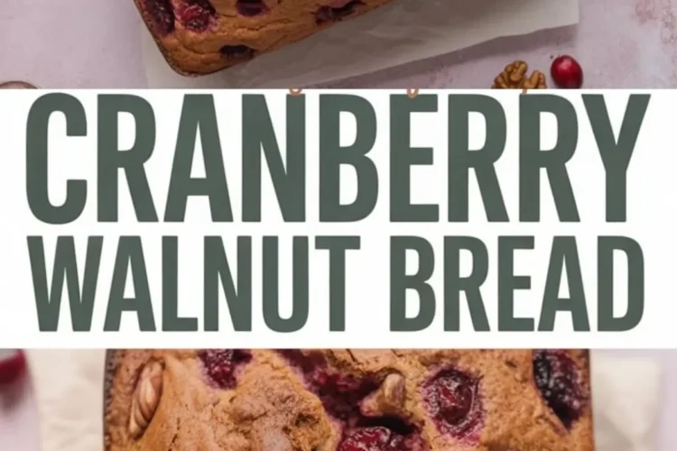 Collage with a fresh cranberry walnut loaf on parchment and a close-up detail of the top crust, highlighting the baked cranberries and toasted walnuts, with a bold text overlay.