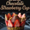Glass dessert cup filled with layers of rich chocolate ganache, decorated with halved strawberries, chopped pistachios, and gold leaf accents, labeled “Dubai Chocolate Strawberry Cup.”