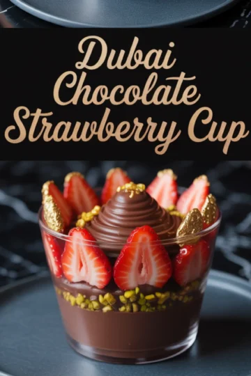 Glass dessert cup filled with layers of rich chocolate ganache, decorated with halved strawberries, chopped pistachios, and gold leaf accents, labeled “Dubai Chocolate Strawberry Cup.”