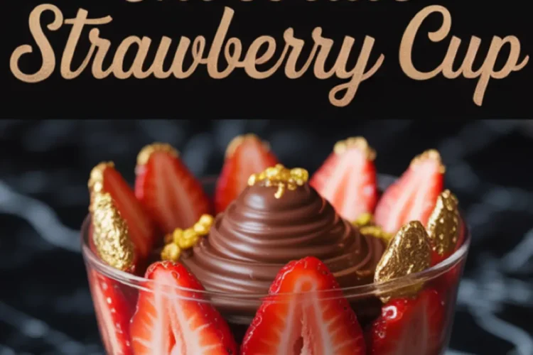 Glass dessert cup filled with layers of rich chocolate ganache, decorated with halved strawberries, chopped pistachios, and gold leaf accents, labeled “Dubai Chocolate Strawberry Cup.”