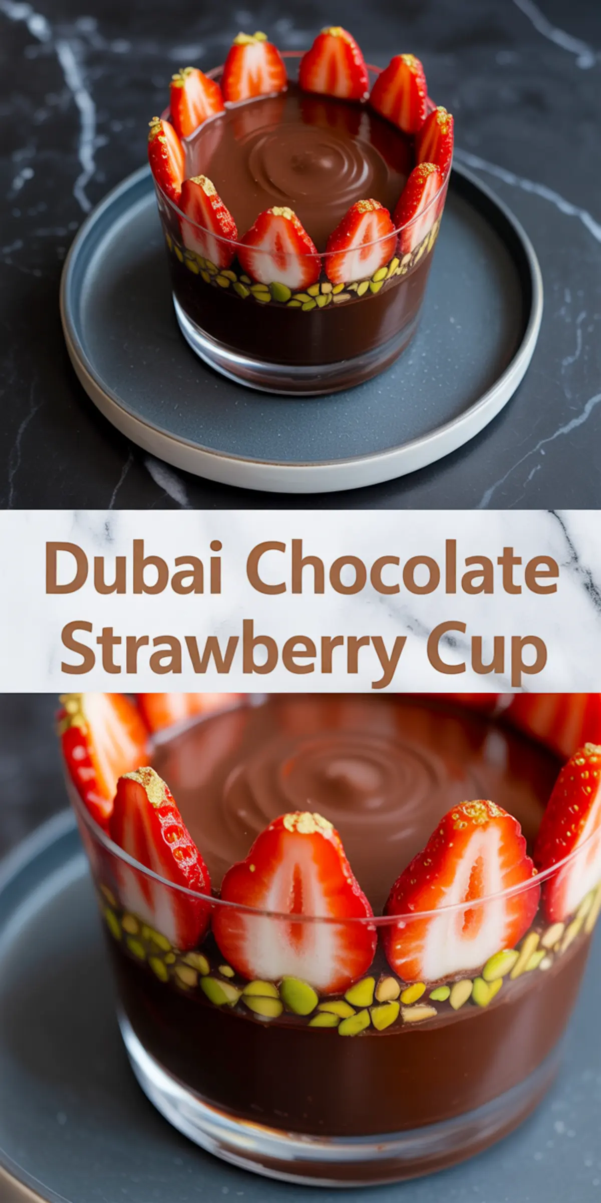 Top and close-up view of a Dubai Chocolate Strawberry Cup with layers of glossy ganache, halved strawberries arranged around the rim, crushed pistachios, and edible gold garnish, presented in a clear dessert glass.
